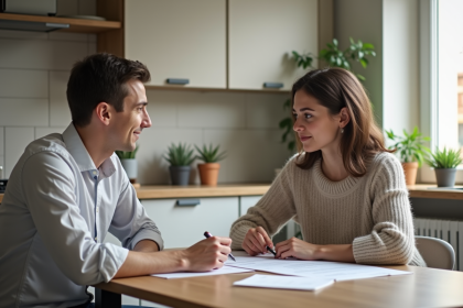 Mère et fils regardant des papiers à la maison