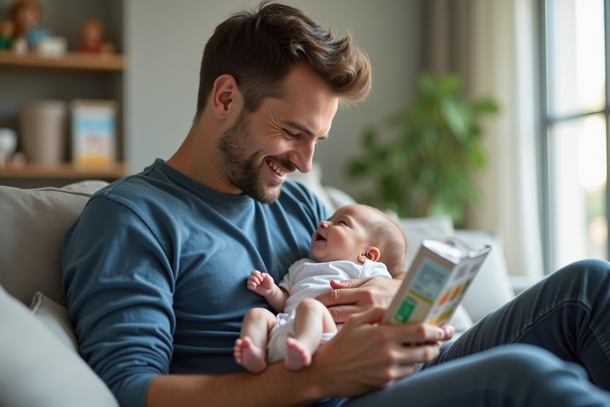 Papa souriant lisant un emballage de lait pour bébé