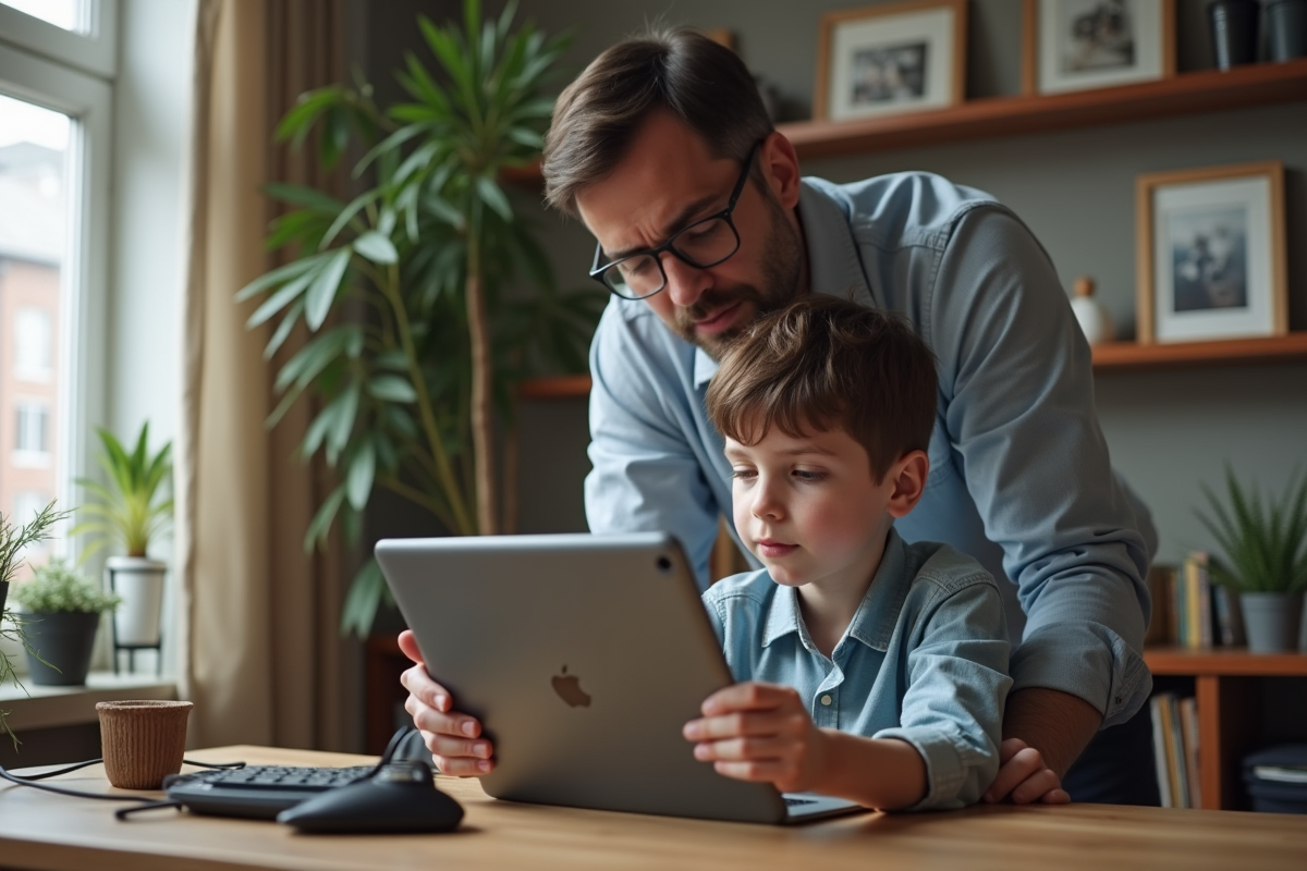 Père regardant son fils avec une tablette dans le salon
