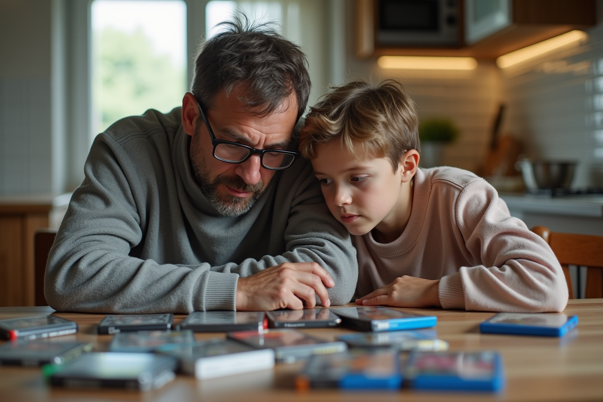 Père et adolescent regardent des jeux vidéo à la table