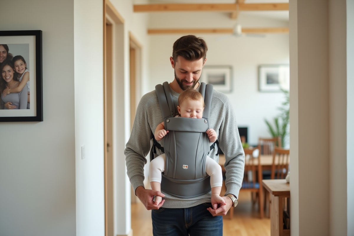 Père utilisant un porte-bébé pour son enfant dans la maison