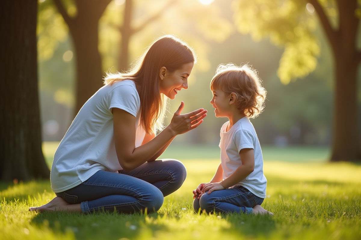 Parent parlant avec un enfant dans un parc ensoleille