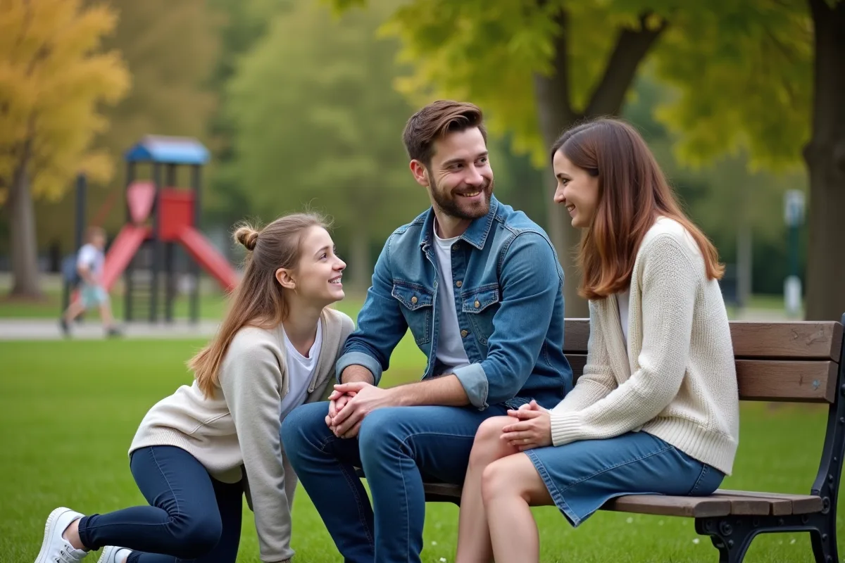 Parents discutant avec une enseignante dans un parc en plein air