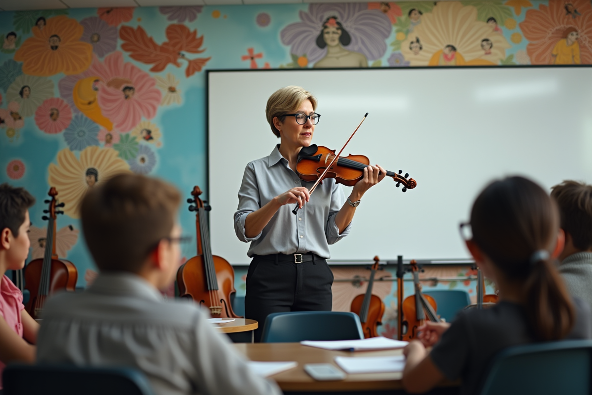 Professeure de musique montrant un violon aux adolescents