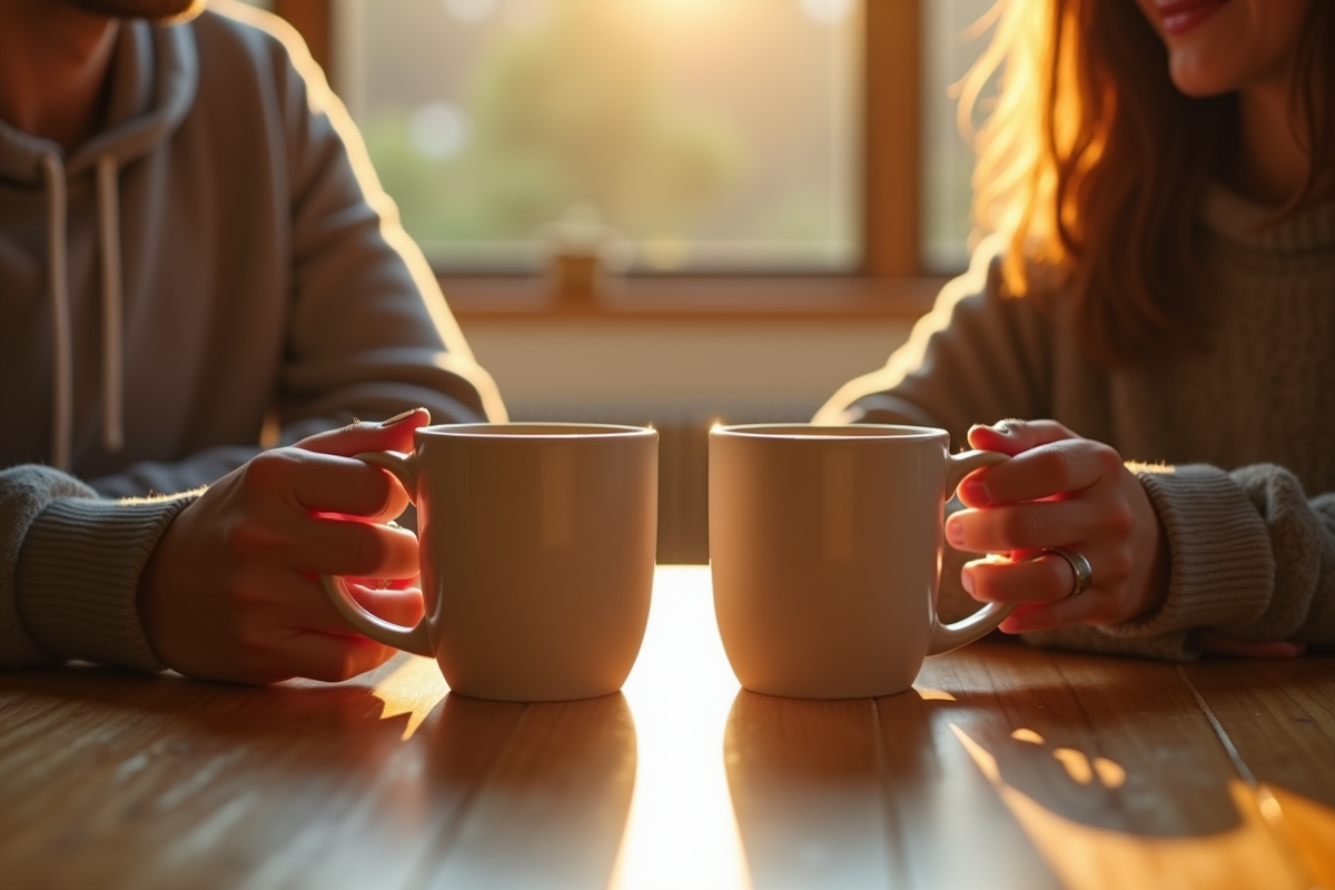 Mains de deux personnes avec tasses de thé chaleureuses