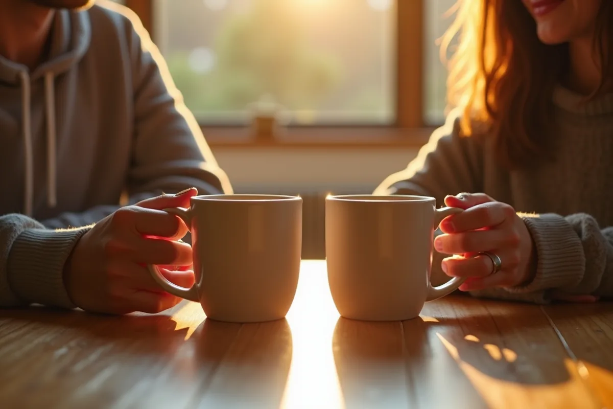 Mains de deux personnes avec tasses de thé chaleureuses
